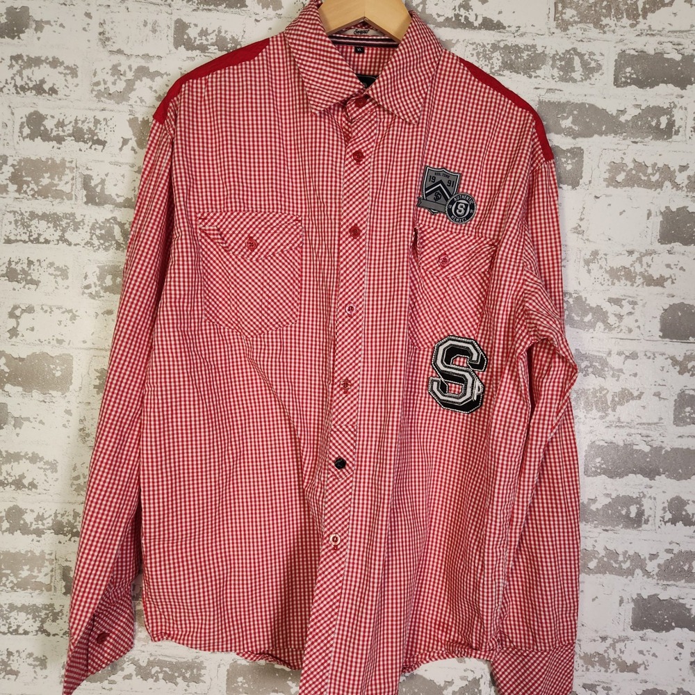 Vintage Southpole Mens Shirt XL Red Gingham Button Down‎ Patches Embroidered